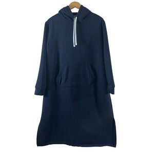 Lands'End Women's Hoodie Sweatshirt Dress Navy Blue Cotton Lounger Size L